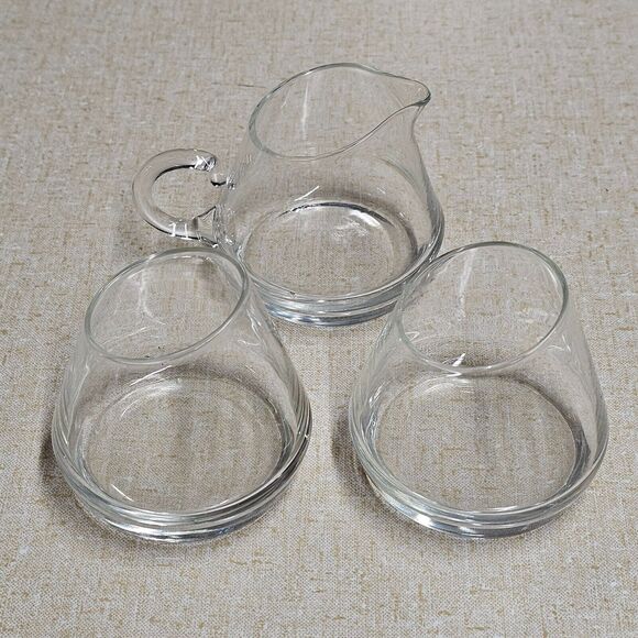 Slant Angled Rim Clear Glass Stemless Wine Glass W/ Pitcher Set of 3 Barware - Picture 1 of 9